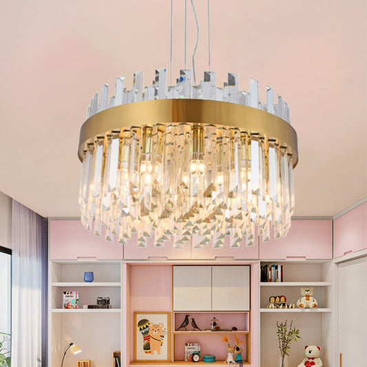 Brass Drum Hanging Chandelier Contemporary Faceted Crystal 5 Heads Ceiling Pendant Light Brass Clearhalo 'Ceiling Lights' 'Chandeliers' 'Modern Chandeliers' 'Modern' Lighting' 276607