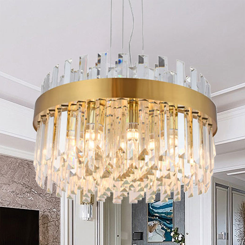 Brass Drum Hanging Chandelier Contemporary Faceted Crystal 5 Heads Ceiling Pendant Light Clearhalo 'Ceiling Lights' 'Chandeliers' 'Modern Chandeliers' 'Modern' Lighting' 276608