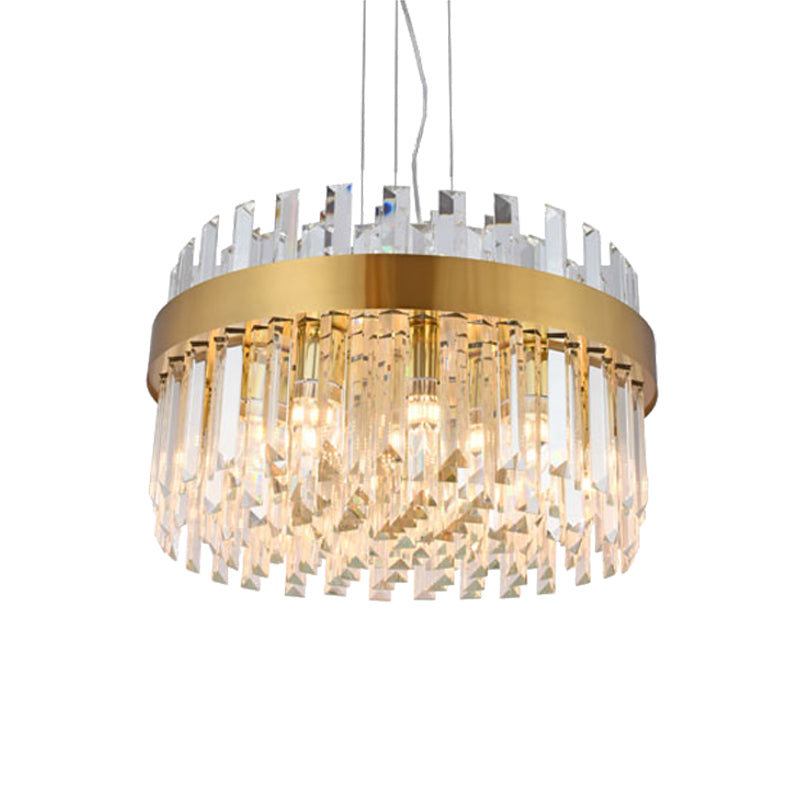 Brass Drum Hanging Chandelier Contemporary Faceted Crystal 5 Heads Ceiling Pendant Light Clearhalo 'Ceiling Lights' 'Chandeliers' 'Modern Chandeliers' 'Modern' Lighting' 276611