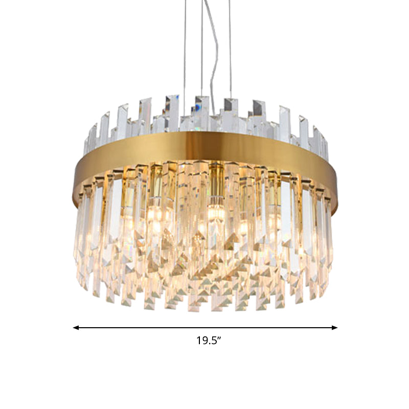 Brass Drum Hanging Chandelier Contemporary Faceted Crystal 5 Heads Ceiling Pendant Light Clearhalo 'Ceiling Lights' 'Chandeliers' 'Modern Chandeliers' 'Modern' Lighting' 276612