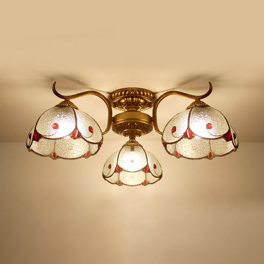 Scalloped Semi Flush Light Tiffany Lodge Style 3 Lights Stained Glass Ceiling Flush Mount in Beige/Clear Clear Clearhalo 'Ceiling Lights' 'Close To Ceiling Lights' 'Close to ceiling' 'Glass shade' 'Glass' 'Semi-flushmount' 'Tiffany close to ceiling' 'Tiffany' Lighting' 27661
