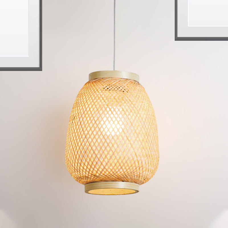 Wood Lantern Pendant Lighting Traditionary Bamboo 1 Bulb Hanging Lamp Kit for Teahouse Wood Clearhalo 'Ceiling Lights' 'Modern Pendants' 'Modern' 'Pendant Lights' 'Pendants' Lighting' 276649