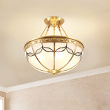 Domed Opal Glass Semi Mount Lighting Vintage 4-Light Bedroom Semi Flush in Brass, 12.5"/16" Wide Brass Clearhalo 'Ceiling Lights' 'Close To Ceiling Lights' 'Close to ceiling' 'Glass shade' 'Glass' 'Semi-flushmount' Lighting' 276692