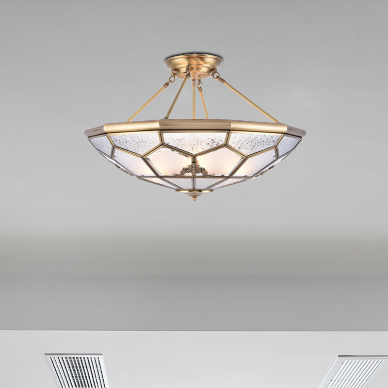 Gold 14“/16”/18“ Wide 3/4/6 Lights Semi Flush Mount Traditional Frosted Glass Faceted Semi Flush Light for Corridor Gold 18" Clearhalo 'Ceiling Lights' 'Close To Ceiling Lights' 'Close to ceiling' 'Glass shade' 'Glass' 'Semi-flushmount' Lighting' 276726