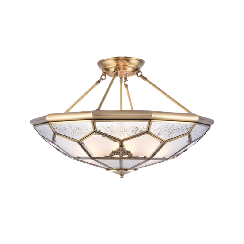 Gold 14“/16”/18“ Wide 3/4/6 Lights Semi Flush Mount Traditional Frosted Glass Faceted Semi Flush Light for Corridor Clearhalo 'Ceiling Lights' 'Close To Ceiling Lights' 'Close to ceiling' 'Glass shade' 'Glass' 'Semi-flushmount' Lighting' 276729
