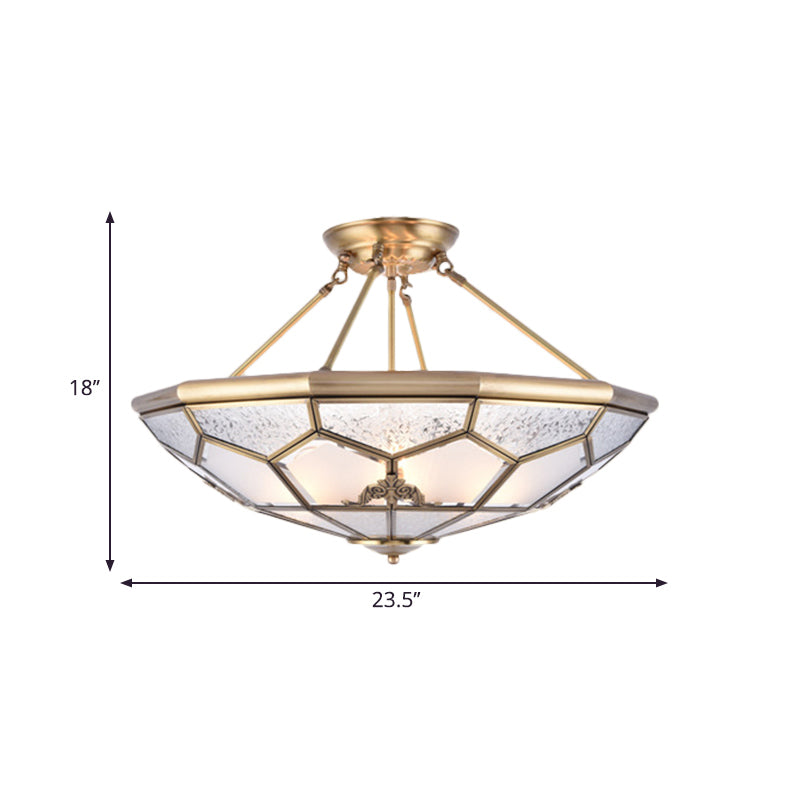 Gold 14“/16”/18“ Wide 3/4/6 Lights Semi Flush Mount Traditional Frosted Glass Faceted Semi Flush Light for Corridor Clearhalo 'Ceiling Lights' 'Close To Ceiling Lights' 'Close to ceiling' 'Glass shade' 'Glass' 'Semi-flushmount' Lighting' 276730
