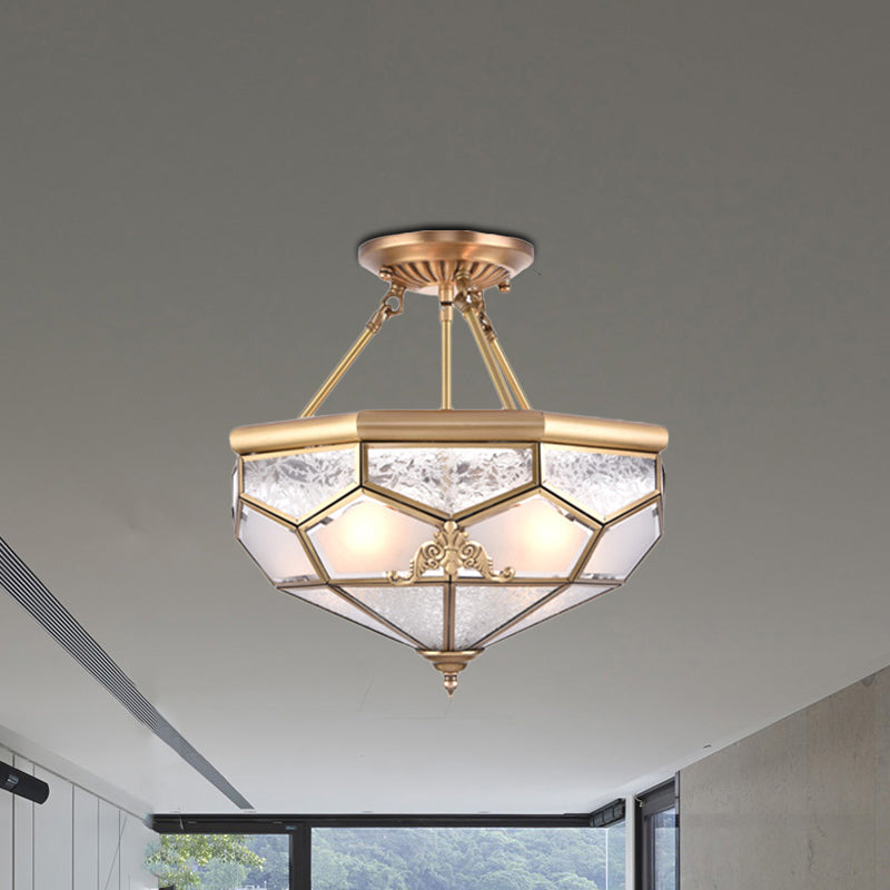 Gold 14“/16”/18“ Wide 3/4/6 Lights Semi Flush Mount Traditional Frosted Glass Faceted Semi Flush Light for Corridor Clearhalo 'Ceiling Lights' 'Close To Ceiling Lights' 'Close to ceiling' 'Glass shade' 'Glass' 'Semi-flushmount' Lighting' 276733
