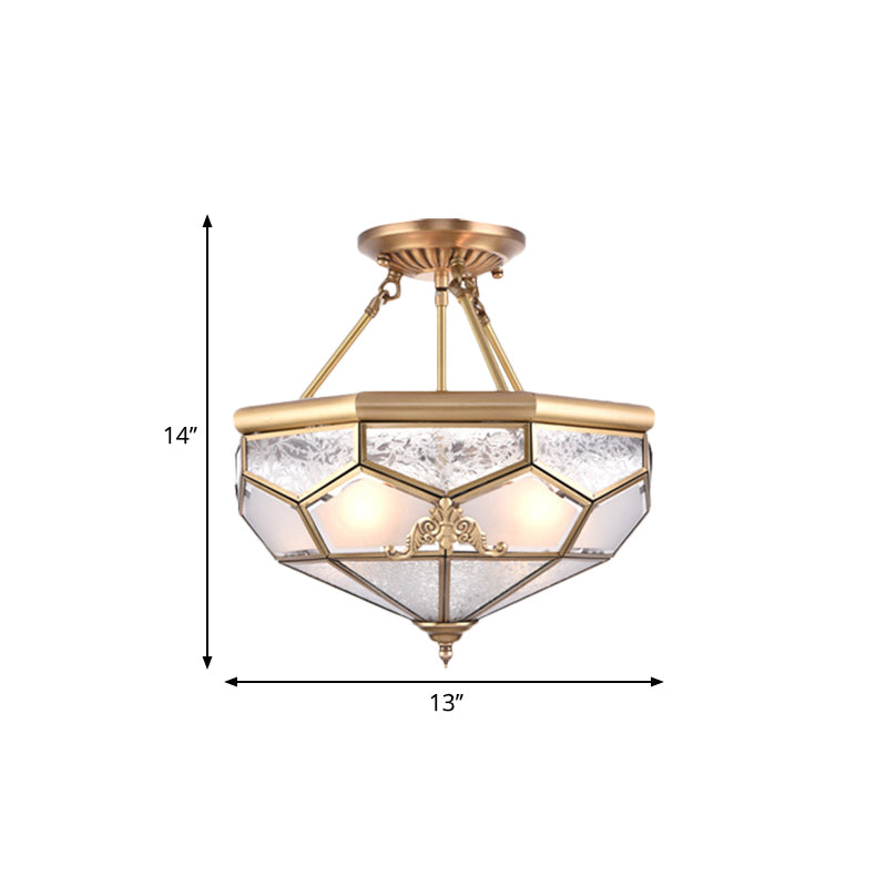 Gold 14“/16”/18“ Wide 3/4/6 Lights Semi Flush Mount Traditional Frosted Glass Faceted Semi Flush Light for Corridor Clearhalo 'Ceiling Lights' 'Close To Ceiling Lights' 'Close to ceiling' 'Glass shade' 'Glass' 'Semi-flushmount' Lighting' 276736