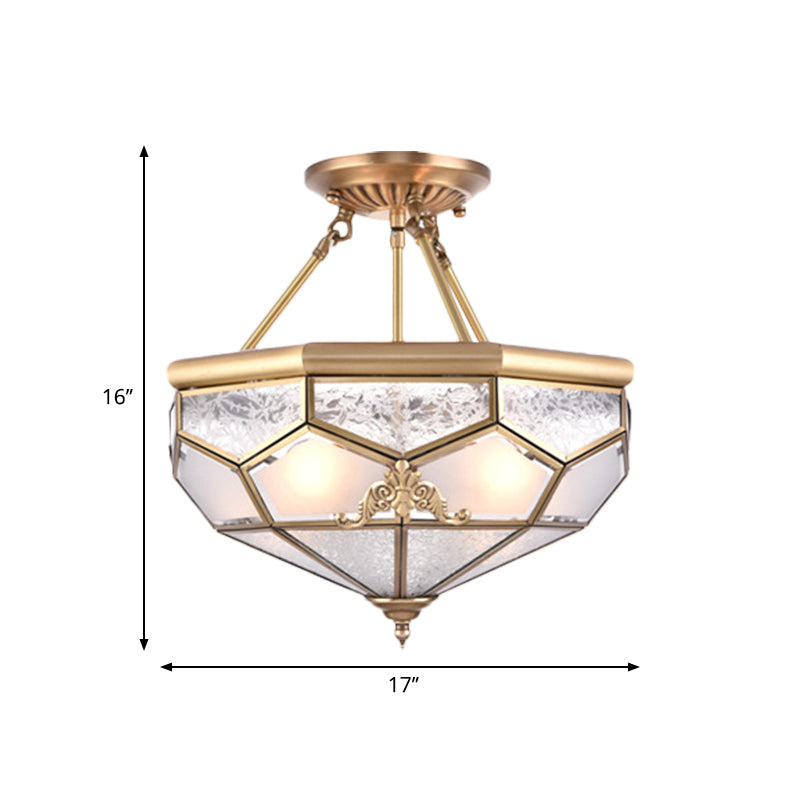 Gold 14“/16”/18“ Wide 3/4/6 Lights Semi Flush Mount Traditional Frosted Glass Faceted Semi Flush Light for Corridor Clearhalo 'Ceiling Lights' 'Close To Ceiling Lights' 'Close to ceiling' 'Glass shade' 'Glass' 'Semi-flushmount' Lighting' 276737