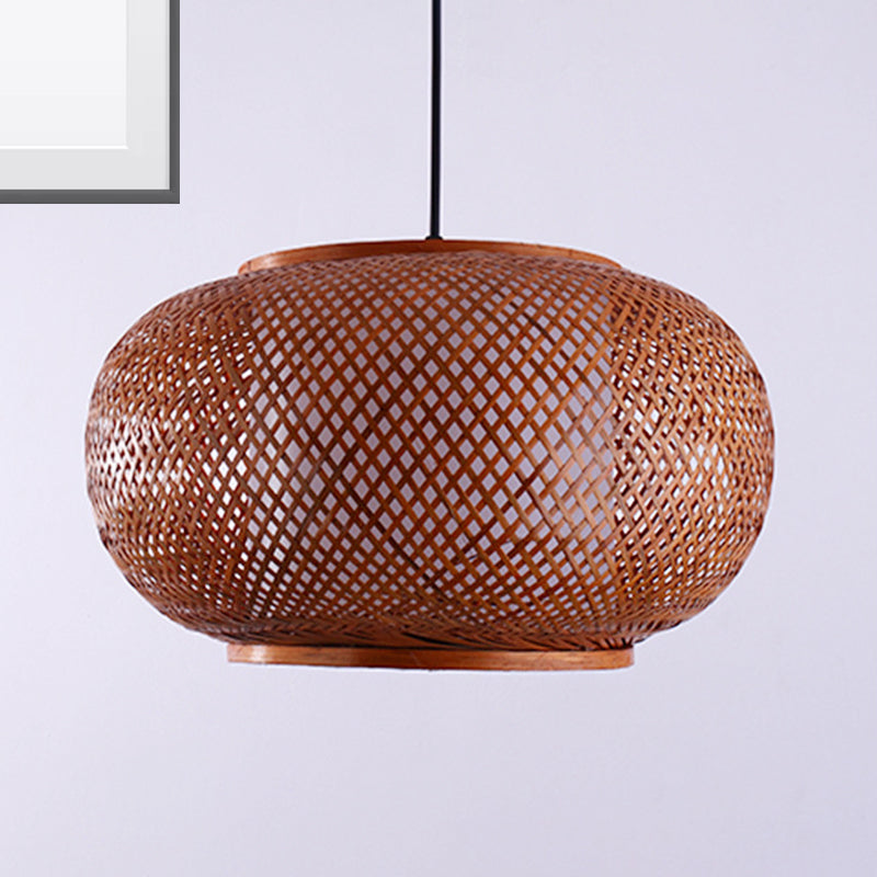 Curved Drum Suspension Pendant Asian Bamboo 1 Bulb Brown Hanging Light Kit, 16"/19.5"/23.5" Wide Brown Clearhalo 'Ceiling Lights' 'Modern Pendants' 'Modern' 'Pendant Lights' 'Pendants' Lighting' 276767