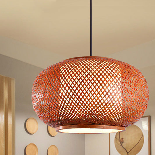 Curved Drum Suspension Pendant Asian Bamboo 1 Bulb Brown Hanging Light Kit, 16"/19.5"/23.5" Wide Clearhalo 'Ceiling Lights' 'Modern Pendants' 'Modern' 'Pendant Lights' 'Pendants' Lighting' 276768