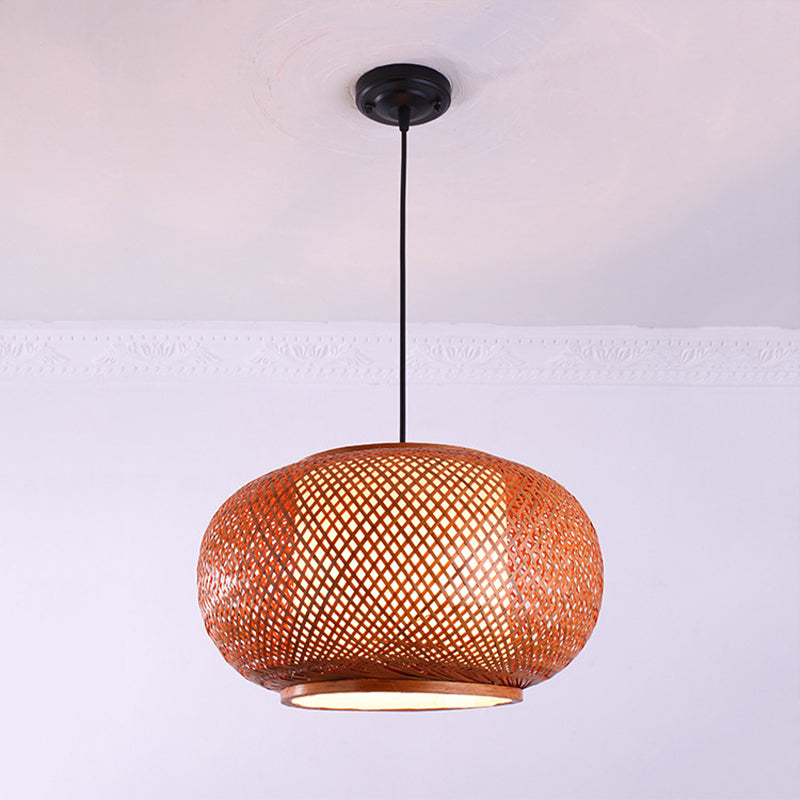 Curved Drum Suspension Pendant Asian Bamboo 1 Bulb Brown Hanging Light Kit, 16"/19.5"/23.5" Wide Clearhalo 'Ceiling Lights' 'Modern Pendants' 'Modern' 'Pendant Lights' 'Pendants' Lighting' 276769