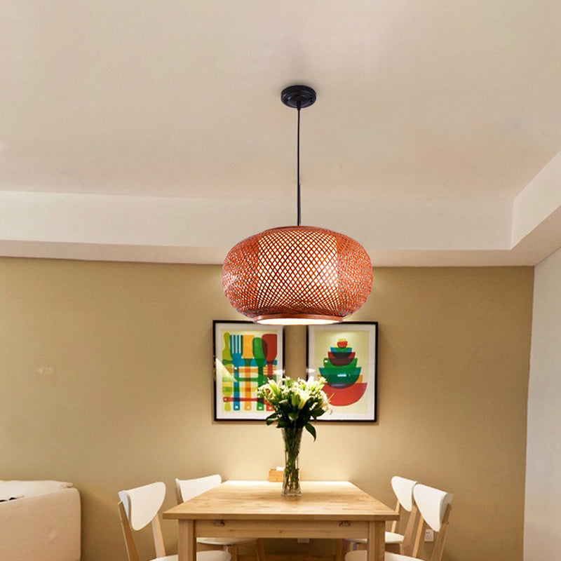 Curved Drum Suspension Pendant Asian Bamboo 1 Bulb Brown Hanging Light Kit, 16"/19.5"/23.5" Wide Clearhalo 'Ceiling Lights' 'Modern Pendants' 'Modern' 'Pendant Lights' 'Pendants' Lighting' 276770