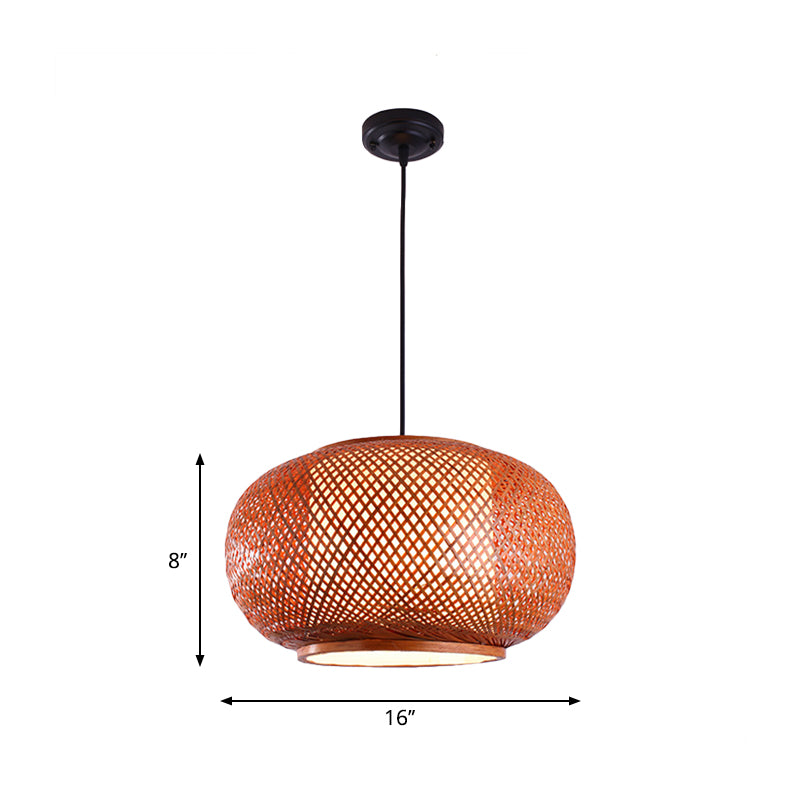 Curved Drum Suspension Pendant Asian Bamboo 1 Bulb Brown Hanging Light Kit, 16"/19.5"/23.5" Wide Clearhalo 'Ceiling Lights' 'Modern Pendants' 'Modern' 'Pendant Lights' 'Pendants' Lighting' 276773