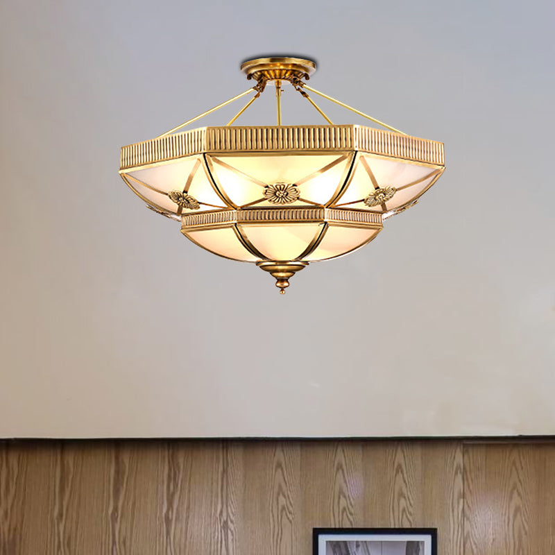 Domed Living Room Semi Flush Light Classic Milky Glass 4/6 Lights Gold Semi Flush Mount, 18"/25" Wide Gold Clearhalo 'Ceiling Lights' 'Close To Ceiling Lights' 'Close to ceiling' 'Glass shade' 'Glass' 'Semi-flushmount' Lighting' 276852