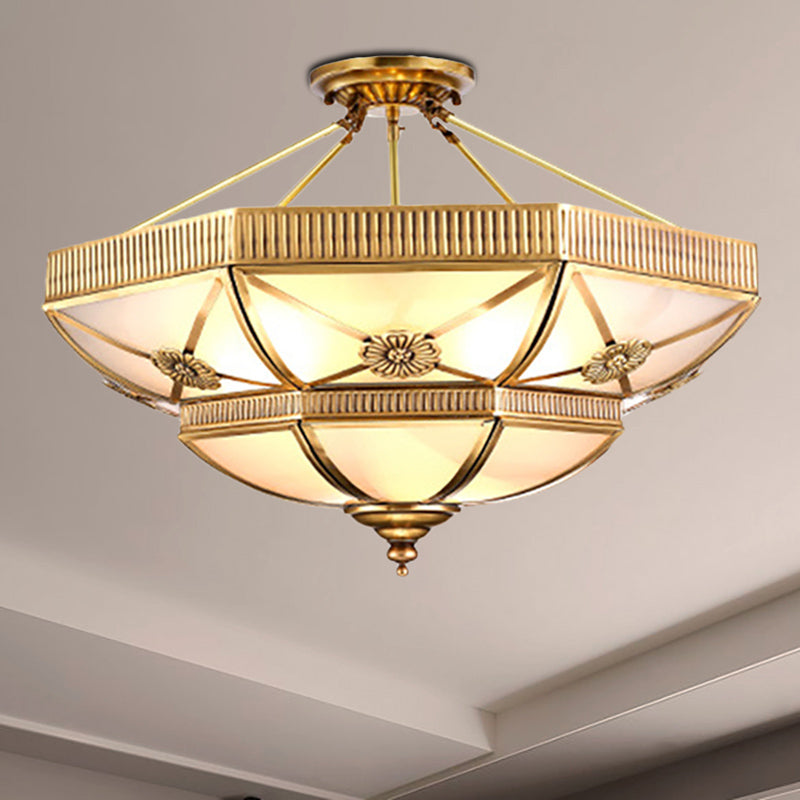 Domed Living Room Semi Flush Light Classic Milky Glass 4/6 Lights Gold Semi Flush Mount, 18"/25" Wide Clearhalo 'Ceiling Lights' 'Close To Ceiling Lights' 'Close to ceiling' 'Glass shade' 'Glass' 'Semi-flushmount' Lighting' 276853