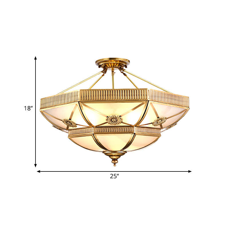 Domed Living Room Semi Flush Light Classic Milky Glass 4/6 Lights Gold Semi Flush Mount, 18"/25" Wide Clearhalo 'Ceiling Lights' 'Close To Ceiling Lights' 'Close to ceiling' 'Glass shade' 'Glass' 'Semi-flushmount' Lighting' 276857