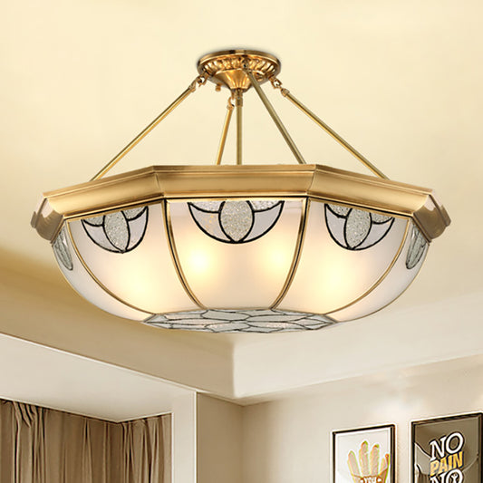 Domed Frosted Glass Semi Mount Lighting Vintage 4 Lights Living Room Semi Flush Light in Gold, 16"/18" Wide Clearhalo 'Ceiling Lights' 'Close To Ceiling Lights' 'Close to ceiling' 'Glass shade' 'Glass' 'Semi-flushmount' Lighting' 276874