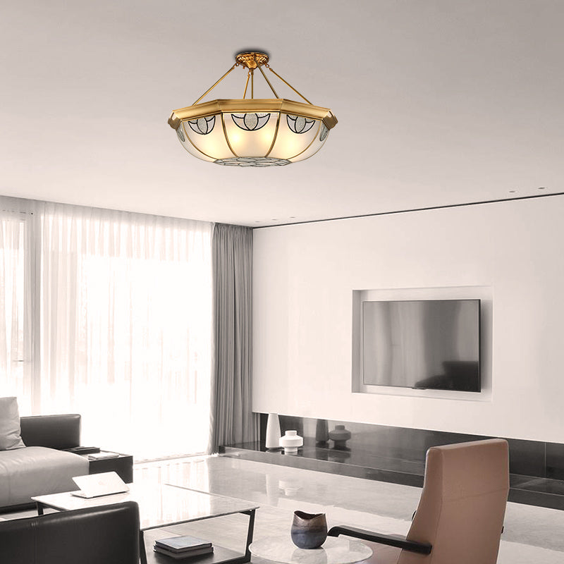 Domed Frosted Glass Semi Mount Lighting Vintage 4 Lights Living Room Semi Flush Light in Gold, 16"/18" Wide Clearhalo 'Ceiling Lights' 'Close To Ceiling Lights' 'Close to ceiling' 'Glass shade' 'Glass' 'Semi-flushmount' Lighting' 276875