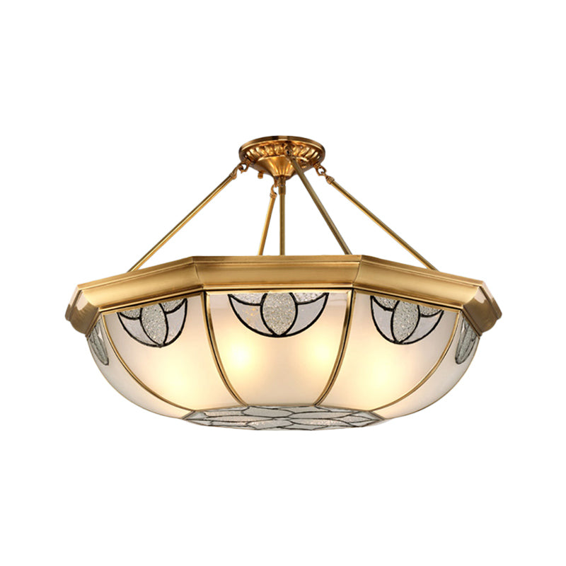 Domed Frosted Glass Semi Mount Lighting Vintage 4 Lights Living Room Semi Flush Light in Gold, 16"/18" Wide Clearhalo 'Ceiling Lights' 'Close To Ceiling Lights' 'Close to ceiling' 'Glass shade' 'Glass' 'Semi-flushmount' Lighting' 276876