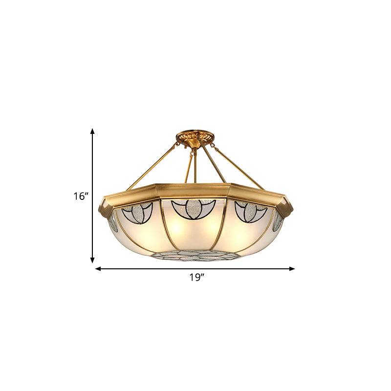 Domed Frosted Glass Semi Mount Lighting Vintage 4 Lights Living Room Semi Flush Light in Gold, 16"/18" Wide Clearhalo 'Ceiling Lights' 'Close To Ceiling Lights' 'Close to ceiling' 'Glass shade' 'Glass' 'Semi-flushmount' Lighting' 276877