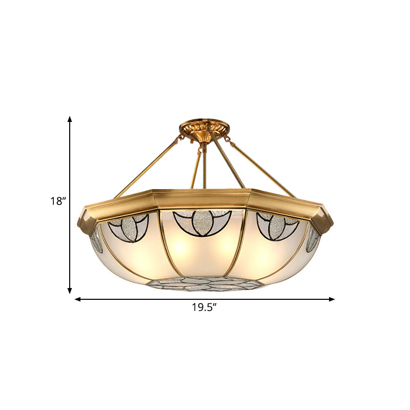 Domed Frosted Glass Semi Mount Lighting Vintage 4 Lights Living Room Semi Flush Light in Gold, 16"/18" Wide Clearhalo 'Ceiling Lights' 'Close To Ceiling Lights' 'Close to ceiling' 'Glass shade' 'Glass' 'Semi-flushmount' Lighting' 276878