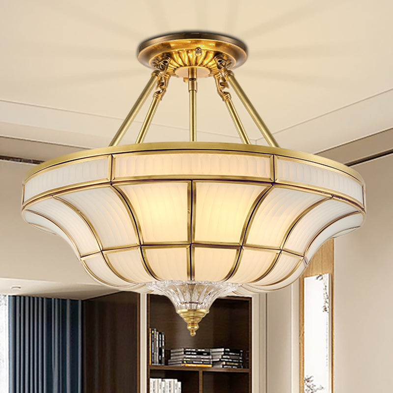 3/6 Lights Ceiling Mount Antique Curved Frosted Glass Semi Flush Lighting in Brass for Bedroom, 16"/19.5" Wide Clearhalo 'Ceiling Lights' 'Close To Ceiling Lights' 'Close to ceiling' 'Glass shade' 'Glass' 'Semi-flushmount' Lighting' 276887