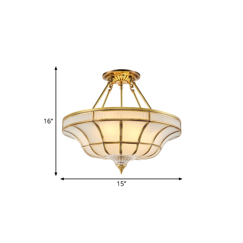 3/6 Lights Ceiling Mount Antique Curved Frosted Glass Semi Flush Lighting in Brass for Bedroom, 16"/19.5" Wide Clearhalo 'Ceiling Lights' 'Close To Ceiling Lights' 'Close to ceiling' 'Glass shade' 'Glass' 'Semi-flushmount' Lighting' 276890