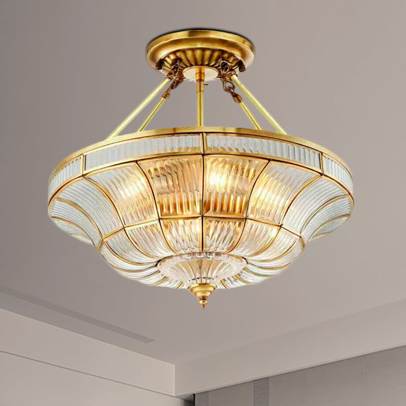 16"/19.5" Wide 3/6 Lights Bedroom Semi-Flush Mount Traditional Brass Semi Flush Light with Faceted Clear Ribbed Glass Shade Clearhalo 'Ceiling Lights' 'Close To Ceiling Lights' 'Close to ceiling' 'Glass shade' 'Glass' 'Semi-flushmount' Lighting' 276894