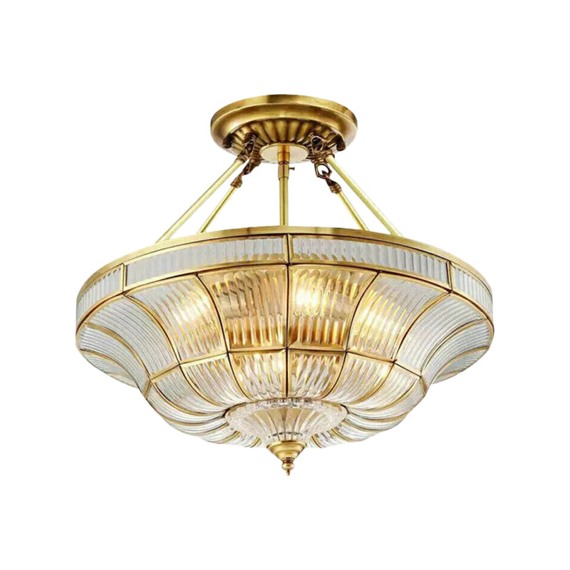 16"/19.5" Wide 3/6 Lights Bedroom Semi-Flush Mount Traditional Brass Semi Flush Light with Faceted Clear Ribbed Glass Shade Clearhalo 'Ceiling Lights' 'Close To Ceiling Lights' 'Close to ceiling' 'Glass shade' 'Glass' 'Semi-flushmount' Lighting' 276896