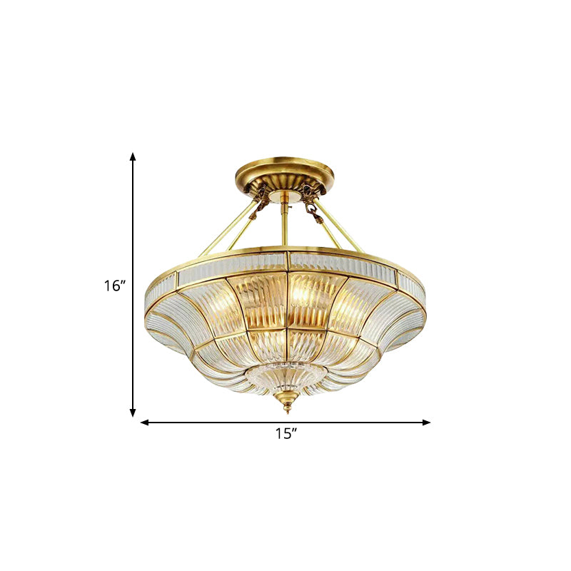 16"/19.5" Wide 3/6 Lights Bedroom Semi-Flush Mount Traditional Brass Semi Flush Light with Faceted Clear Ribbed Glass Shade Clearhalo 'Ceiling Lights' 'Close To Ceiling Lights' 'Close to ceiling' 'Glass shade' 'Glass' 'Semi-flushmount' Lighting' 276897