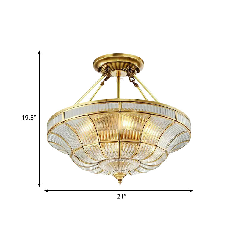 16"/19.5" Wide 3/6 Lights Bedroom Semi-Flush Mount Traditional Brass Semi Flush Light with Faceted Clear Ribbed Glass Shade Clearhalo 'Ceiling Lights' 'Close To Ceiling Lights' 'Close to ceiling' 'Glass shade' 'Glass' 'Semi-flushmount' Lighting' 276898