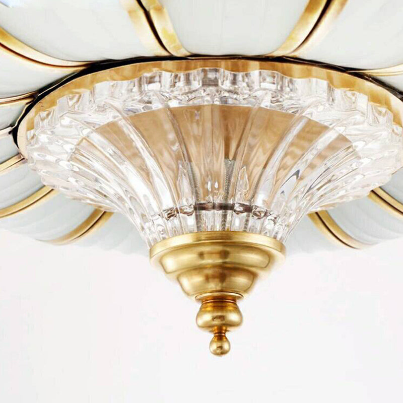 16"/19.5" Wide 3/6 Lights Bedroom Semi-Flush Mount Traditional Brass Semi Flush Light with Faceted Clear Ribbed Glass Shade Clearhalo 'Ceiling Lights' 'Close To Ceiling Lights' 'Close to ceiling' 'Glass shade' 'Glass' 'Semi-flushmount' Lighting' 276899