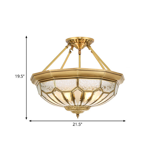 18"/19.5" Wide Bowl Bedroom Semi Flush Light Antique Frosted Glass 4/6 Lights Gold Semi Mount Lighting Clearhalo 'Ceiling Lights' 'Close To Ceiling Lights' 'Close to ceiling' 'Glass shade' 'Glass' 'Semi-flushmount' Lighting' 276912