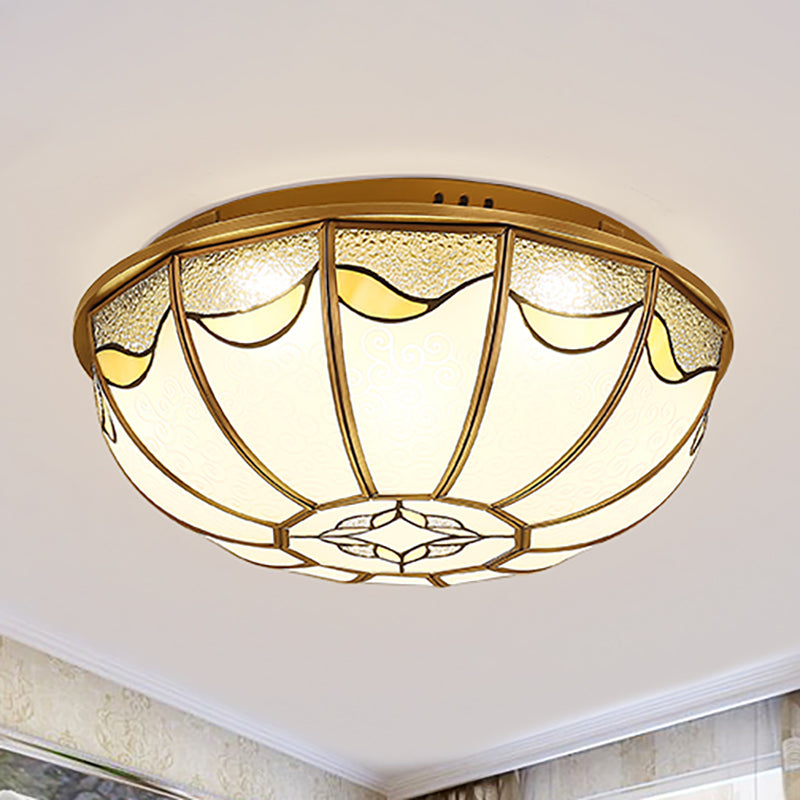 18“/21.5” W Gold 4/5 Lights Ceiling Mount Antique Opal Glass Domed Shaped Flush Light Fixture for Bedroom with Flower Pattern Clearhalo 'Ceiling Lights' 'Close To Ceiling Lights' 'Close to ceiling' 'Flush mount' Lighting' 276940