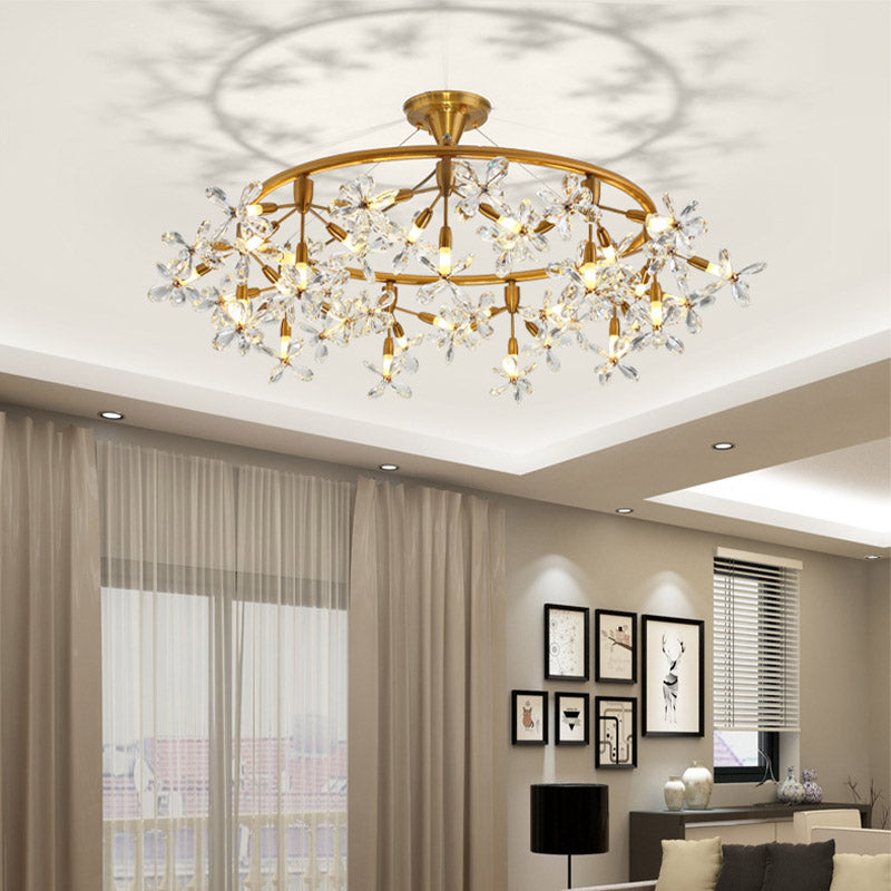 Floral Chandelier Lighting Modernism Cut Crystal 20/30 Bulbs 23.5"/31.5" Wide Brass Ceiling Pendant Light Brass Clearhalo 'Ceiling Lights' 'Chandeliers' 'Modern Chandeliers' 'Modern' Lighting' 276953