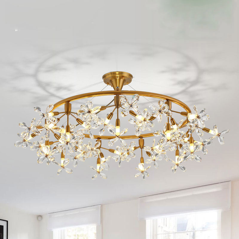 Floral Chandelier Lighting Modernism Cut Crystal 20/30 Bulbs 23.5"/31.5" Wide Brass Ceiling Pendant Light Clearhalo 'Ceiling Lights' 'Chandeliers' 'Modern Chandeliers' 'Modern' Lighting' 276954