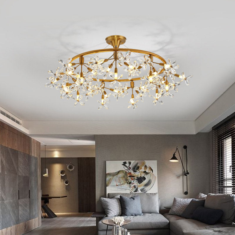 Floral Chandelier Lighting Modernism Cut Crystal 20/30 Bulbs 23.5"/31.5" Wide Brass Ceiling Pendant Light Clearhalo 'Ceiling Lights' 'Chandeliers' 'Modern Chandeliers' 'Modern' Lighting' 276955