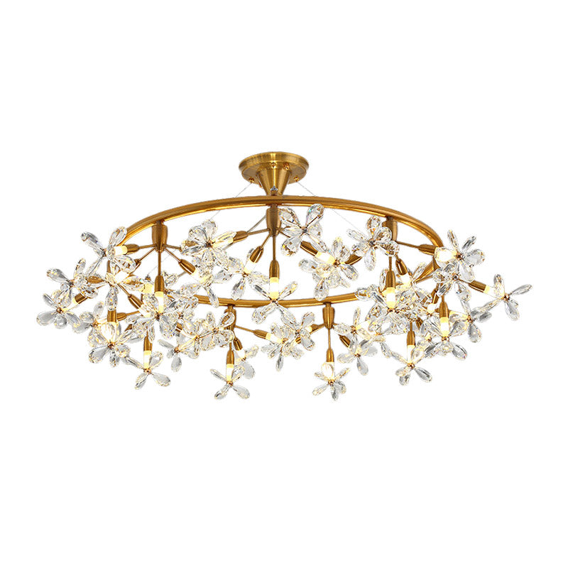 Floral Chandelier Lighting Modernism Cut Crystal 20/30 Bulbs 23.5"/31.5" Wide Brass Ceiling Pendant Light Clearhalo 'Ceiling Lights' 'Chandeliers' 'Modern Chandeliers' 'Modern' Lighting' 276957