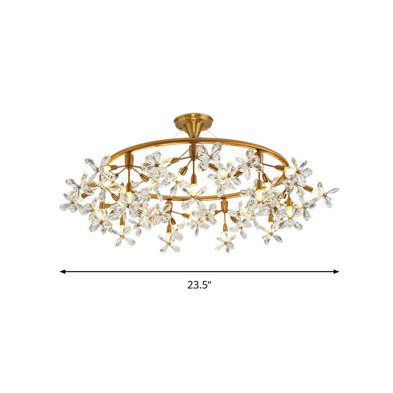 Floral Chandelier Lighting Modernism Cut Crystal 20/30 Bulbs 23.5"/31.5" Wide Brass Ceiling Pendant Light Clearhalo 'Ceiling Lights' 'Chandeliers' 'Modern Chandeliers' 'Modern' Lighting' 276958