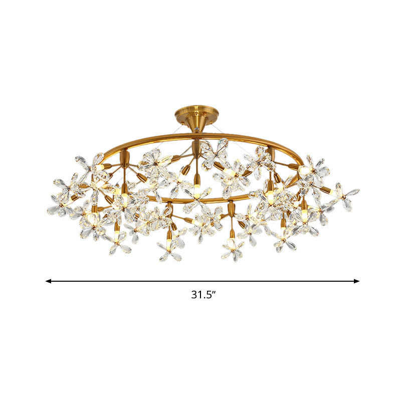 Floral Chandelier Lighting Modernism Cut Crystal 20/30 Bulbs 23.5"/31.5" Wide Brass Ceiling Pendant Light Clearhalo 'Ceiling Lights' 'Chandeliers' 'Modern Chandeliers' 'Modern' Lighting' 276959