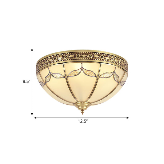 Domed Shade Bedroom Flushmount Light Traditional Milky Glass 3/4 Lights Gold Ceiling Lighting, 12.5"/16" W Clearhalo 'Ceiling Lights' 'Close To Ceiling Lights' 'Close to ceiling' 'Flush mount' Lighting' 276965