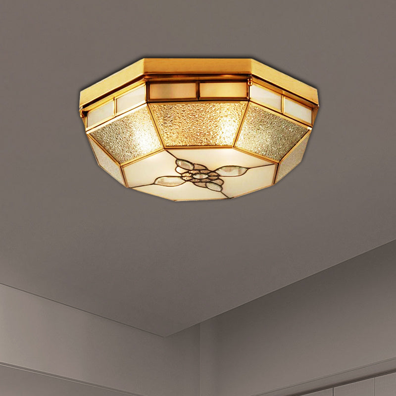 19.5"/23.5" W Geometric Frosted Glass Pane Flush Ceiling Light Traditional 4/6 Lights Bedroom Flush Mount Lighting in Gold Gold Clearhalo 'Ceiling Lights' 'Close To Ceiling Lights' 'Close to ceiling' 'Flush mount' Lighting' 276989