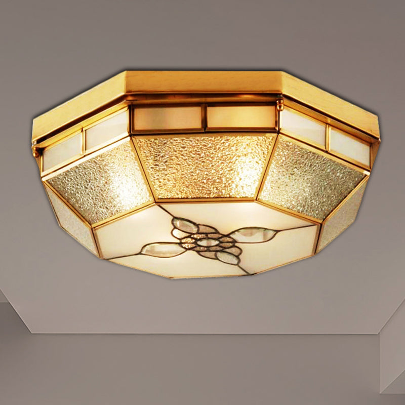 19.5"/23.5" W Geometric Frosted Glass Pane Flush Ceiling Light Traditional 4/6 Lights Bedroom Flush Mount Lighting in Gold Clearhalo 'Ceiling Lights' 'Close To Ceiling Lights' 'Close to ceiling' 'Flush mount' Lighting' 276990