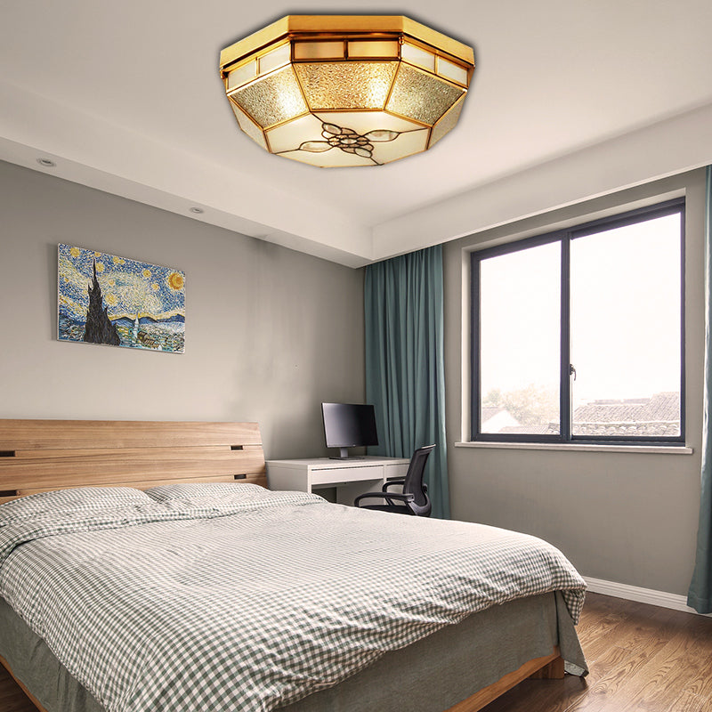 19.5"/23.5" W Geometric Frosted Glass Pane Flush Ceiling Light Traditional 4/6 Lights Bedroom Flush Mount Lighting in Gold Clearhalo 'Ceiling Lights' 'Close To Ceiling Lights' 'Close to ceiling' 'Flush mount' Lighting' 276991