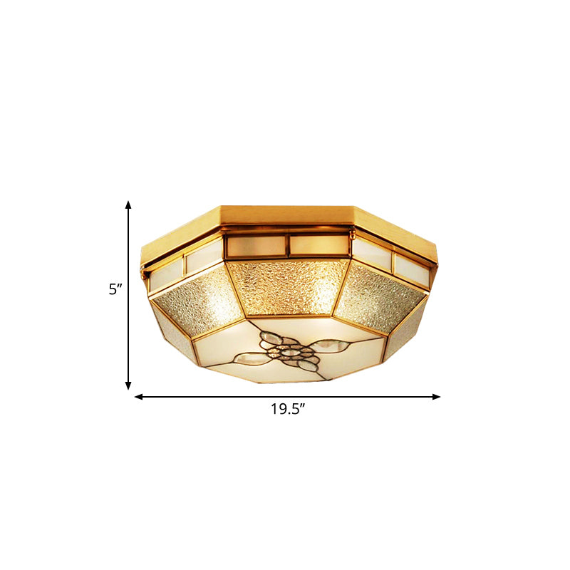 19.5"/23.5" W Geometric Frosted Glass Pane Flush Ceiling Light Traditional 4/6 Lights Bedroom Flush Mount Lighting in Gold Clearhalo 'Ceiling Lights' 'Close To Ceiling Lights' 'Close to ceiling' 'Flush mount' Lighting' 276993