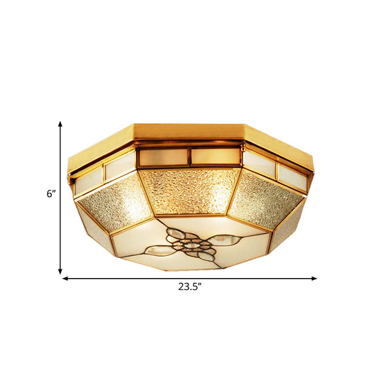 19.5"/23.5" W Geometric Frosted Glass Pane Flush Ceiling Light Traditional 4/6 Lights Bedroom Flush Mount Lighting in Gold Clearhalo 'Ceiling Lights' 'Close To Ceiling Lights' 'Close to ceiling' 'Flush mount' Lighting' 276994