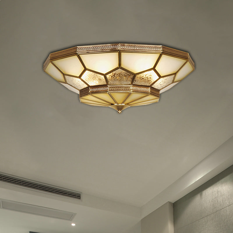 3/4/6 Lights Living Room Ceiling Light Fixture Traditional Brass Flush Mount with Faceted Frosted Glass Shade, 14"/18"/21.5" W Brass Clearhalo 'Ceiling Lights' 'Close To Ceiling Lights' 'Close to ceiling' 'Flush mount' Lighting' 277007