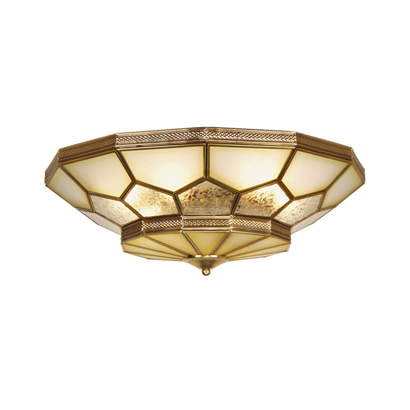 3/4/6 Lights Living Room Ceiling Light Fixture Traditional Brass Flush Mount with Faceted Frosted Glass Shade, 14"/18"/21.5" W Clearhalo 'Ceiling Lights' 'Close To Ceiling Lights' 'Close to ceiling' 'Flush mount' Lighting' 277010