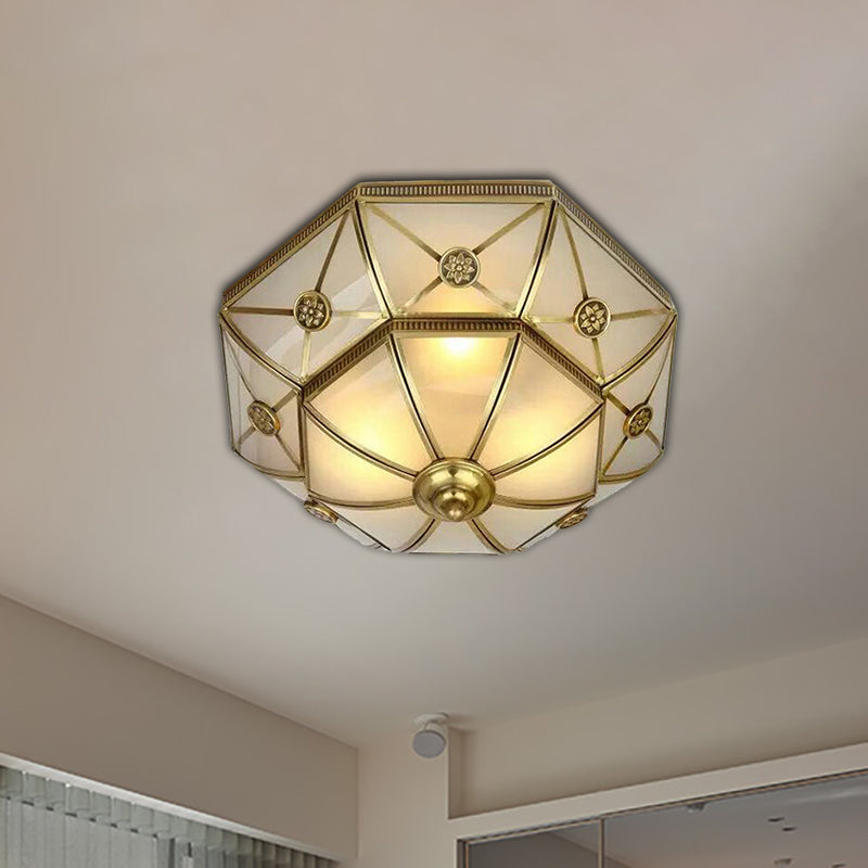 Brass 3/4/6 Lights Flush Mount Traditional Curved Frosted Glass Flower Flush Ceiling Light Fixture for Bedroom 3 Brass Clearhalo 'Ceiling Lights' 'Close To Ceiling Lights' 'Close to ceiling' 'Flush mount' Lighting' 277077